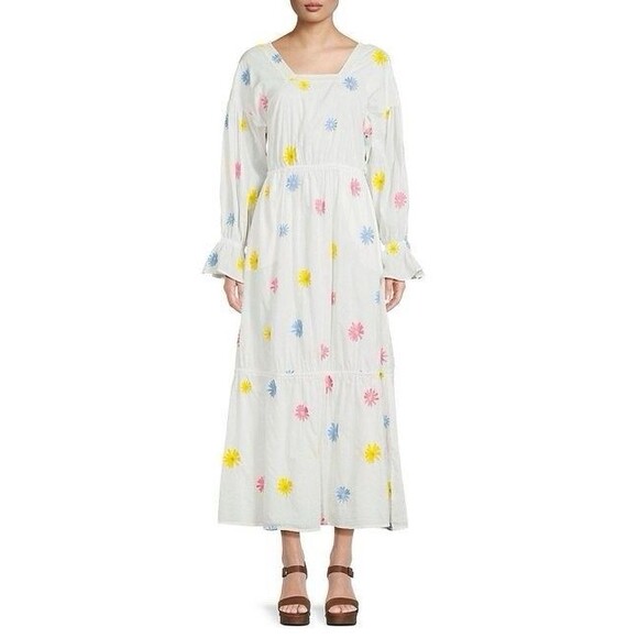 Something‎ Navy Embroidered Tiered Long Sleeve Lined Maxi Dress Rainbow M - Picture 1 of 8